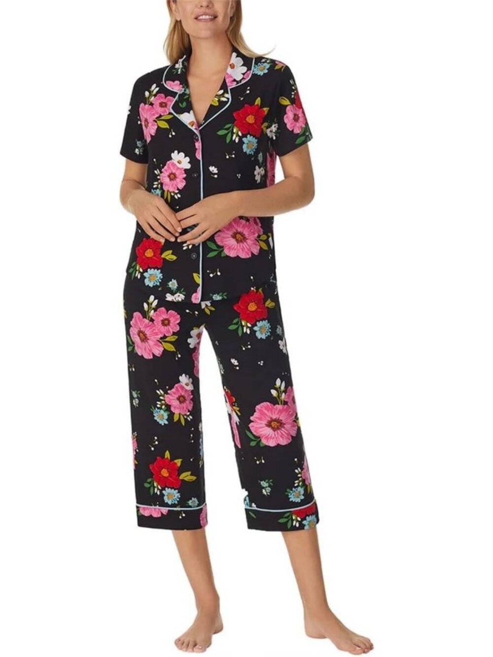 Lightweight 2-Piece Women's Short Sleeve Notch Collar Crop Pajama Set